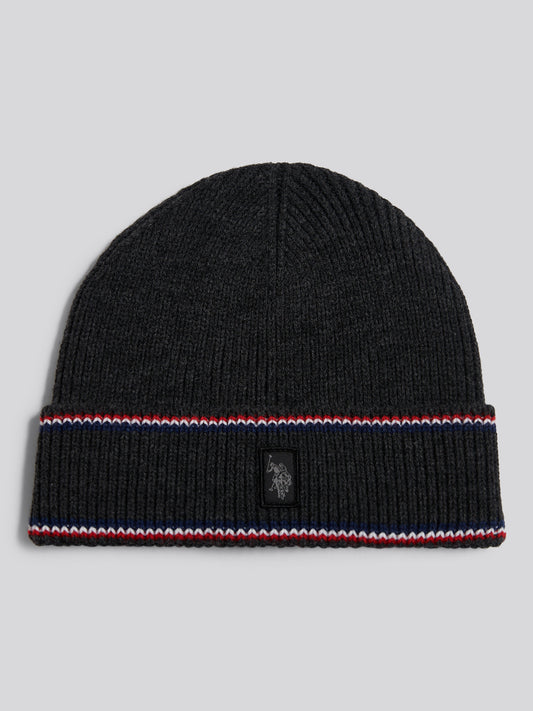 Mens Brand Stripe Knitted Beanie Charcoal Marl