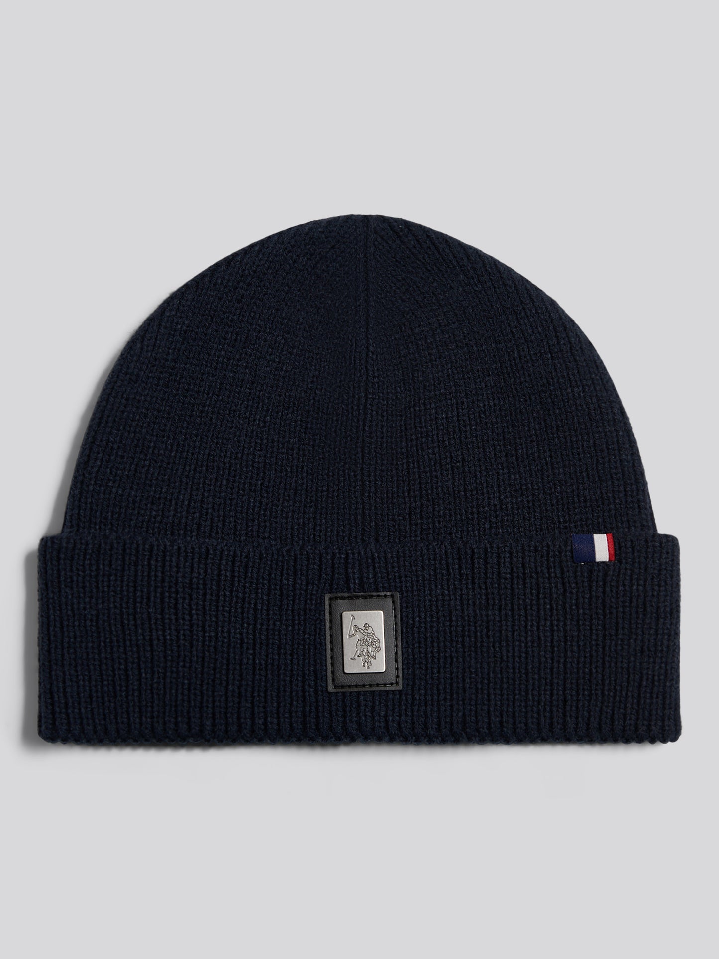 Mens Engraved Metal Badge Knitted Beanie Dark Sapphire Navy
