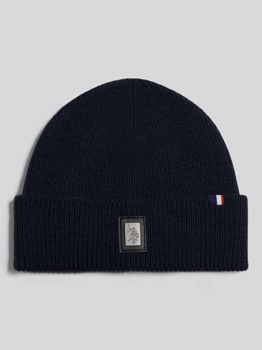 Mens Engraved Metal Badge Knitted Beanie Dark Sapphire Navy