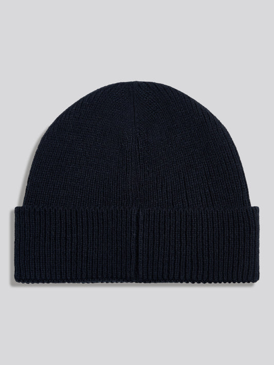 Mens Engraved Metal Badge Knitted Beanie Dark Sapphire Navy