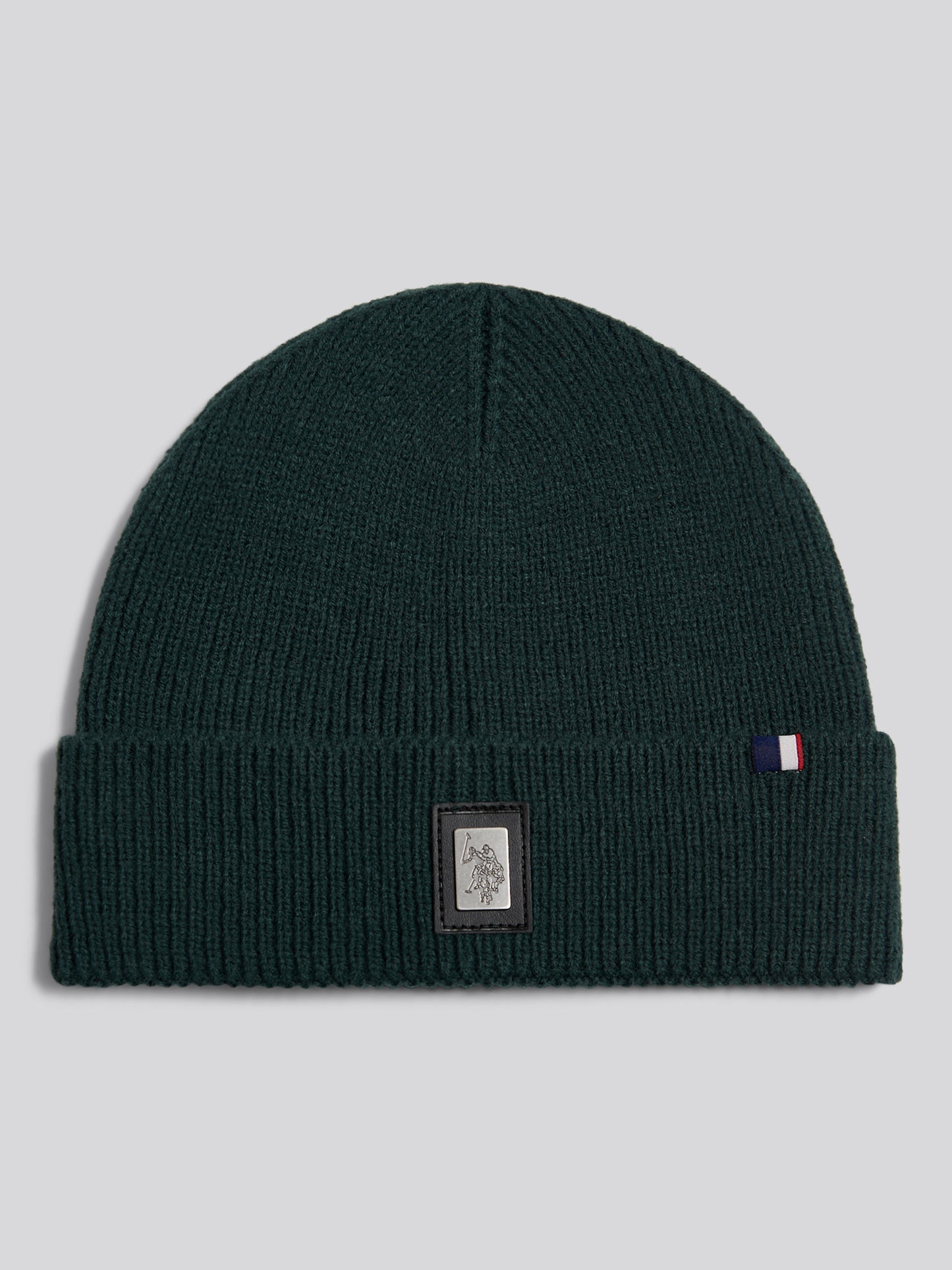 Mens Engraved Metal Badge Knitted Beanie Green Gables Marl