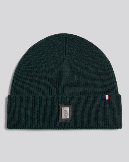 Mens Engraved Metal Badge Knitted Beanie Green Gables Marl