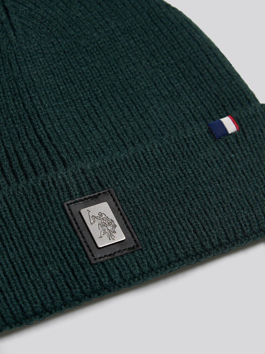 Mens Engraved Metal Badge Knitted Beanie Green Gables Marl
