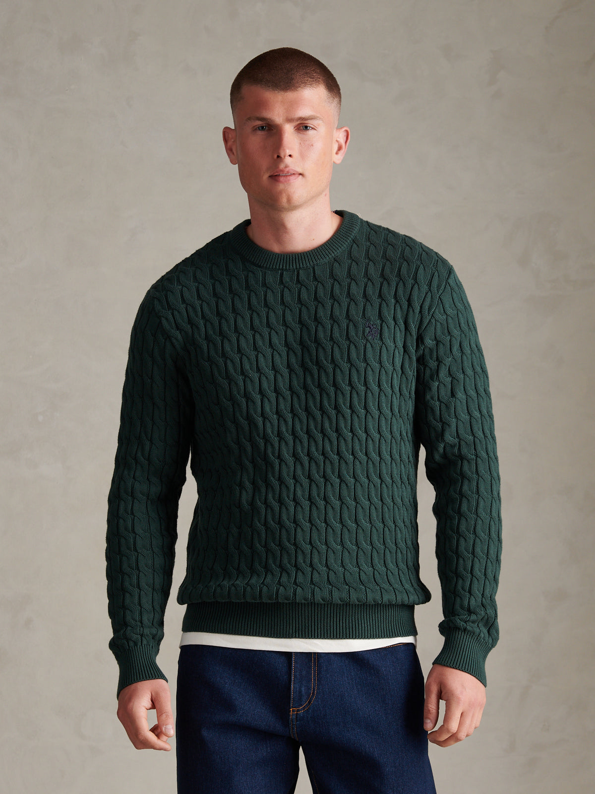 Mens Classic Cotton Cable Knit Crew Neck Jumper Green Gables