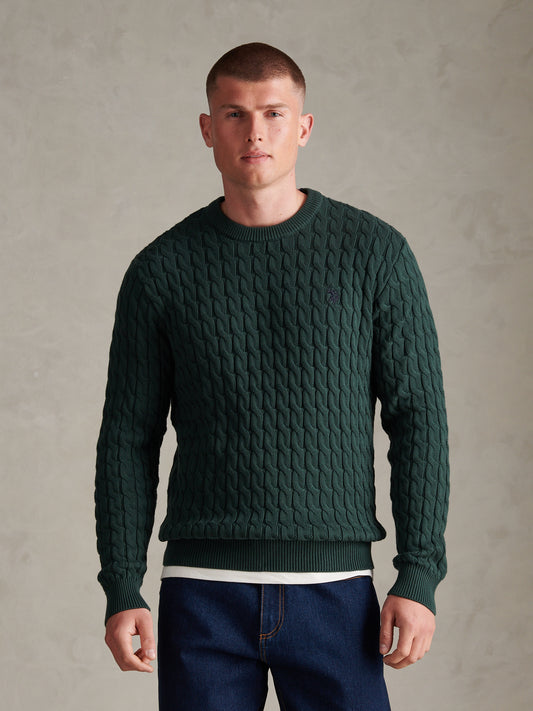Mens Classic Cotton Cable Knit Crew Neck Jumper Green Gables