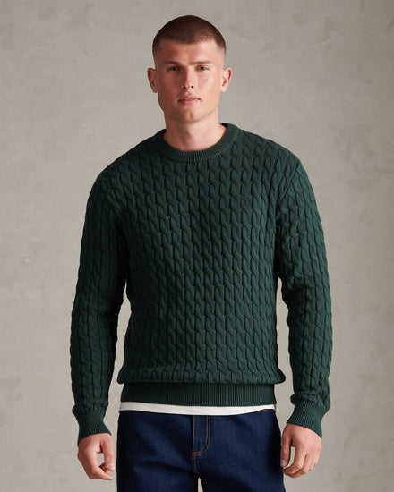 Mens Classic Cotton Cable Knit Crew Neck Jumper Green Gables