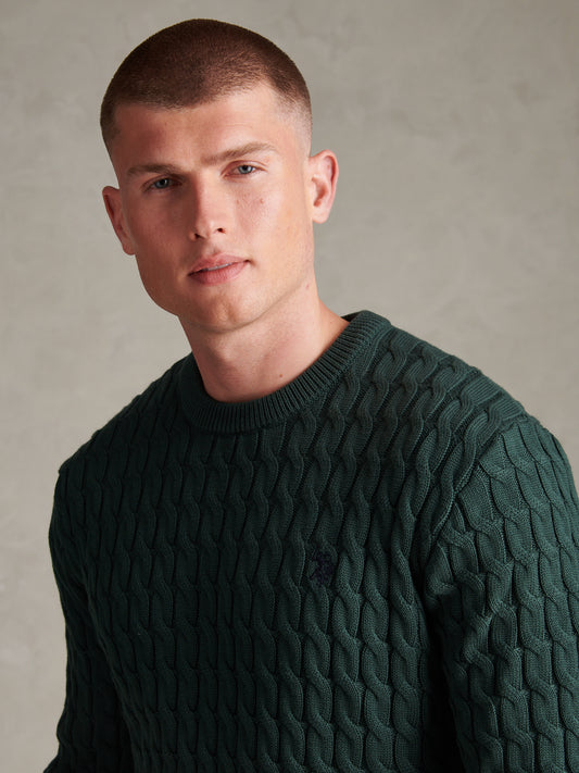 Mens Classic Cotton Cable Knit Crew Neck Jumper Green Gables