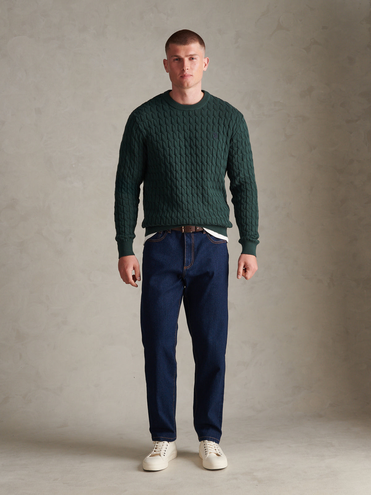 Mens Classic Cotton Cable Knit Crew Neck Jumper Green Gables
