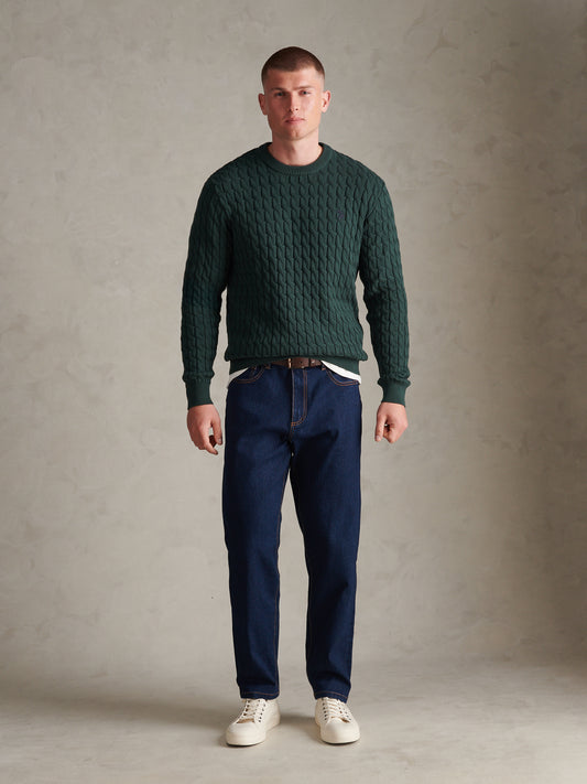Mens Classic Cotton Cable Knit Crew Neck Jumper Green Gables