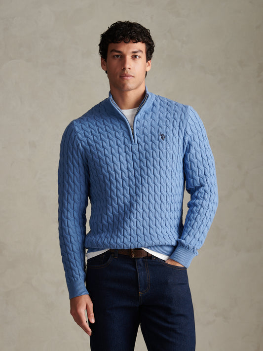Mens Classic Cotton Cable Knit Quarter Zip Funnel Neck Jumper c