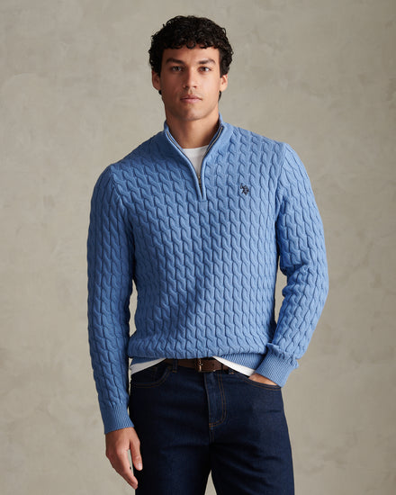 Mens Classic Cotton Cable Knit Quarter Zip Funnel Neck Jumper c