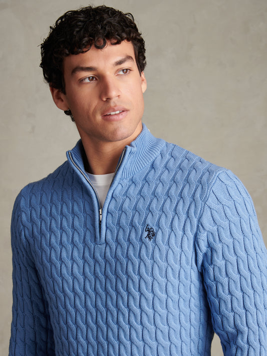 Mens Classic Cotton Cable Knit Quarter Zip Funnel Neck Jumper c