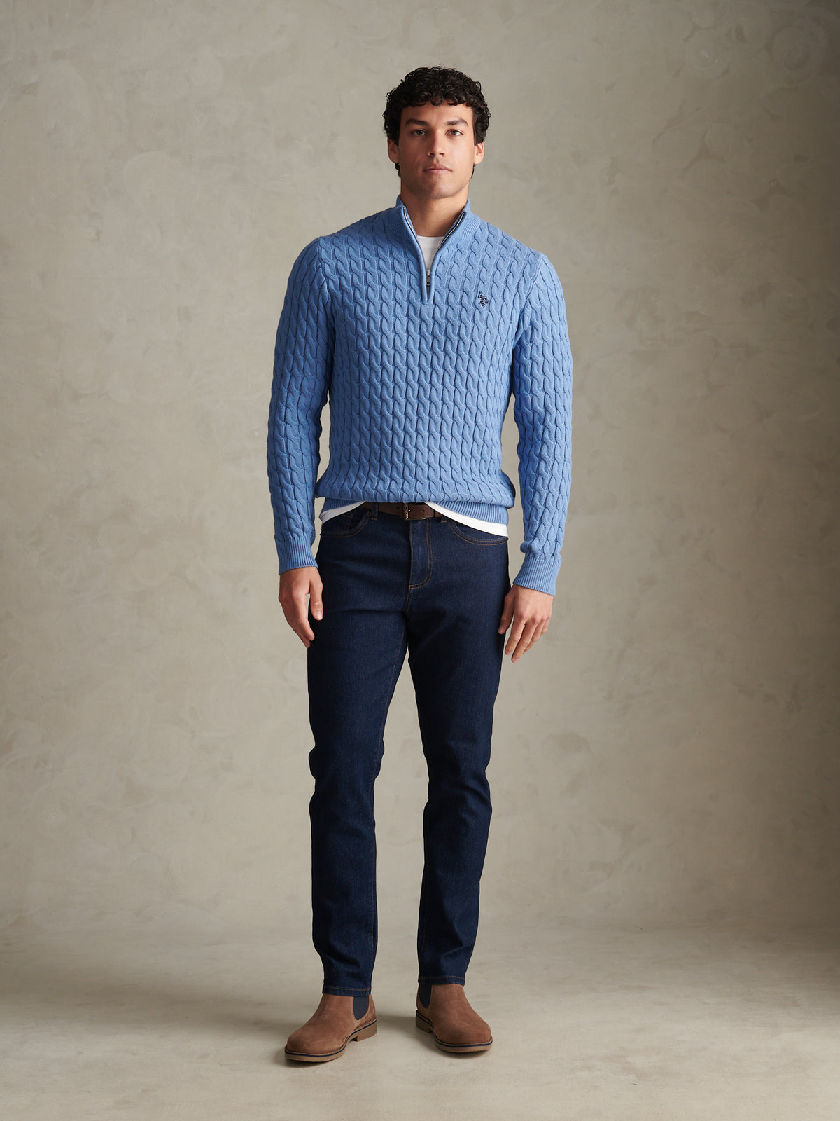 Mens Classic Cotton Cable Knit Quarter Zip Funnel Neck Jumper c