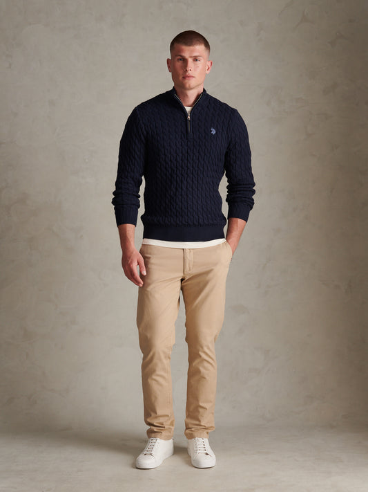 Mens Classic Cotton Cable Knit Quarter Zip Funnel Neck Jumper Dark Sapphire Navy / Moonlight Blue DHM