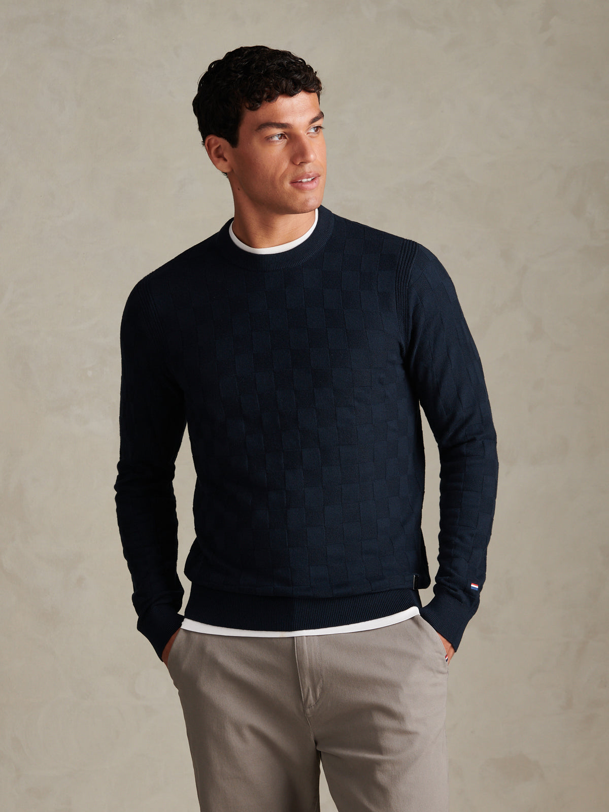 Mens Smart Check Crew Knit Dark Sapphire Navy