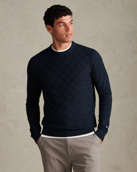 Mens Smart Check Crew Knit Dark Sapphire Navy