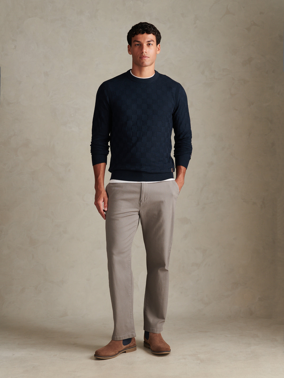 Mens Smart Check Crew Knit Dark Sapphire Navy