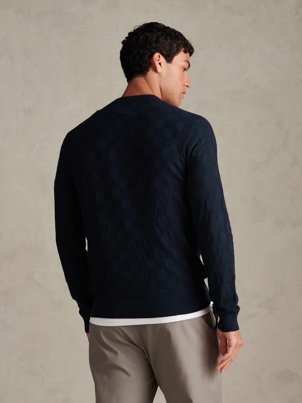Mens Smart Check Crew Knit Dark Sapphire Navy