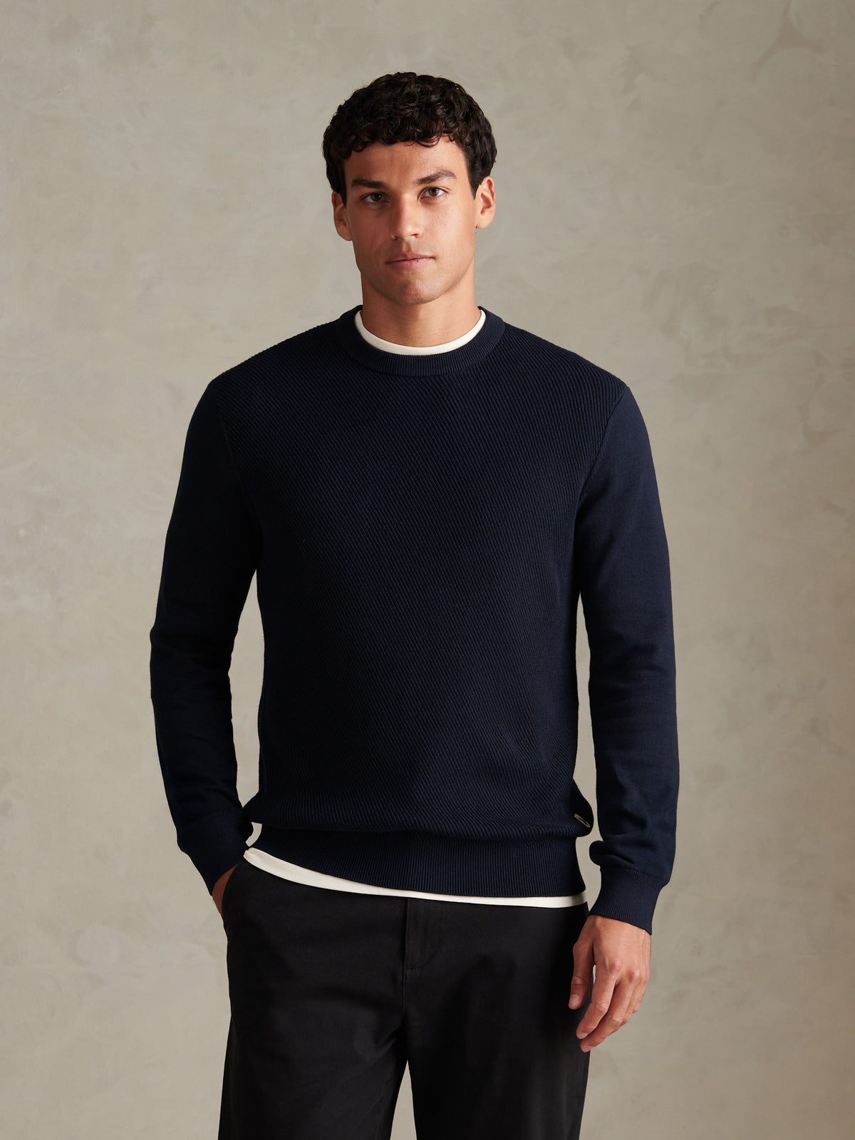 Mens Twill Texture Panel Crew Knit Dark Sapphire Navy