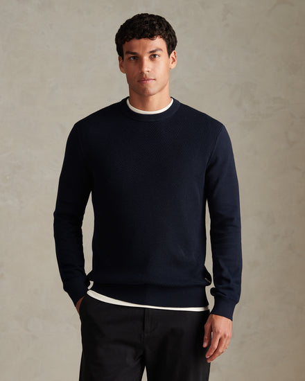 Mens Twill Texture Panel Crew Knit Dark Sapphire Navy