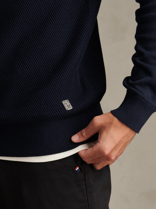 Mens Twill Texture Panel Crew Knit Dark Sapphire Navy