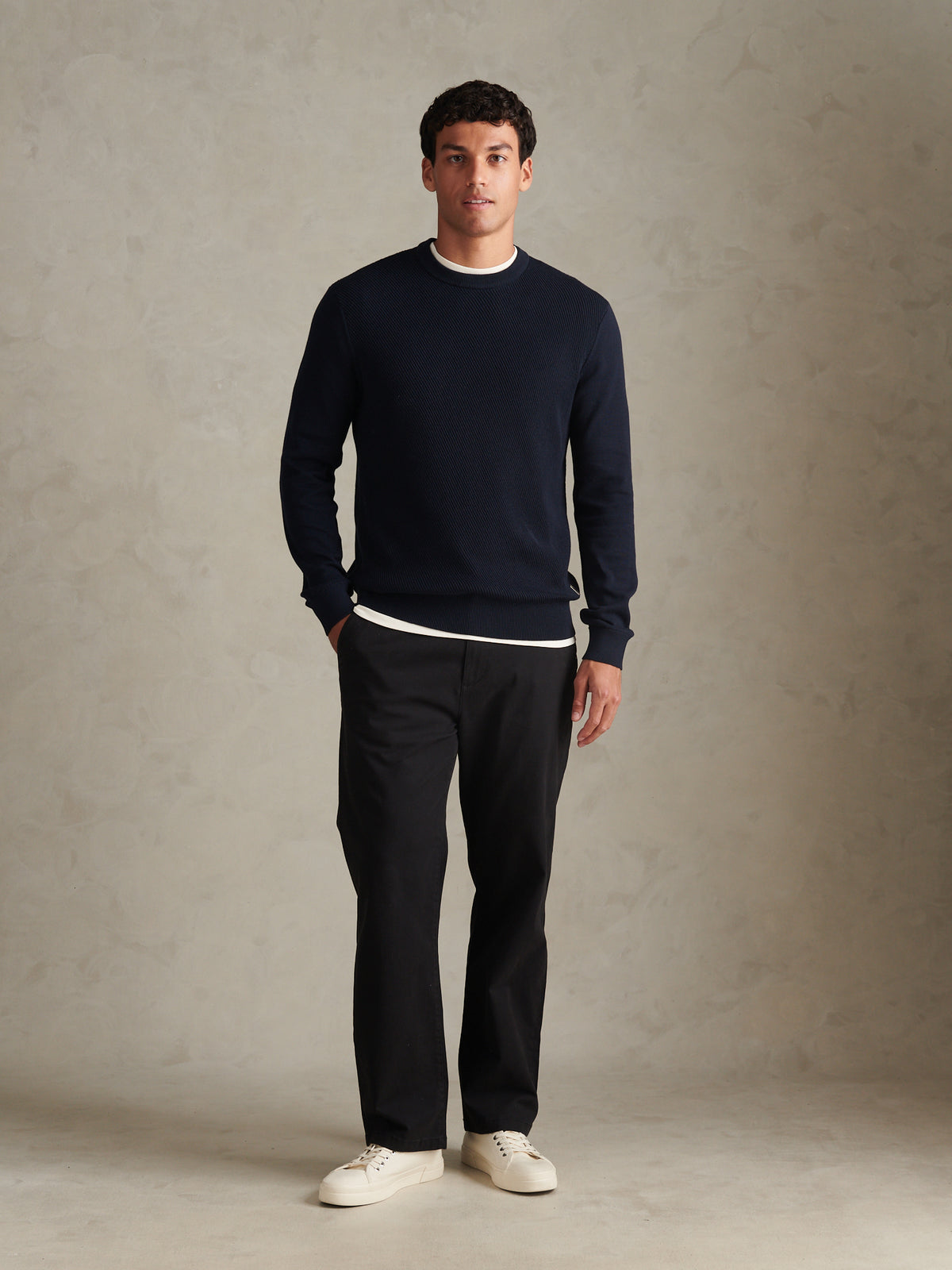 Mens Twill Texture Panel Crew Knit Dark Sapphire Navy