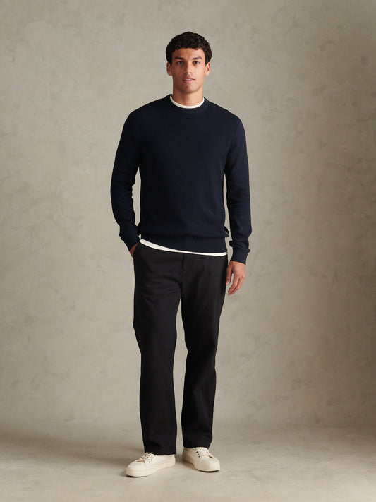 Mens Twill Texture Panel Crew Knit Dark Sapphire Navy