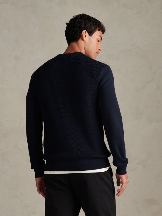 Mens Twill Texture Panel Crew Knit Dark Sapphire Navy
