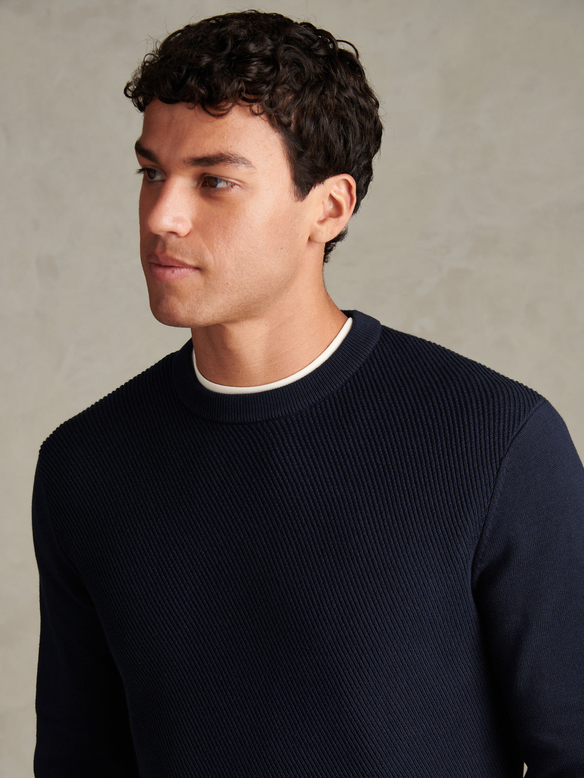 Mens Twill Texture Panel Crew Knit Dark Sapphire Navy
