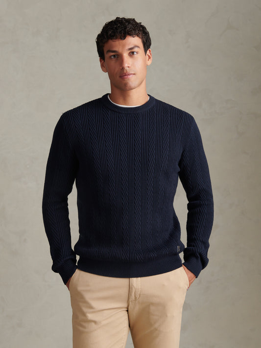Mens Twill Aran Crew Knit Dark Sapphire Navy