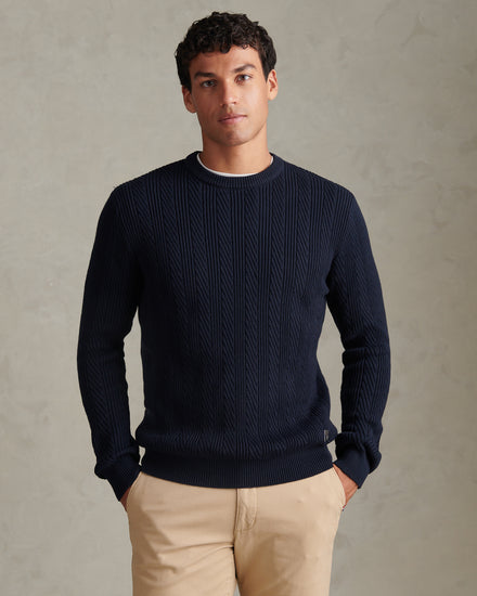 Mens Twill Aran Crew Knit Dark Sapphire Navy