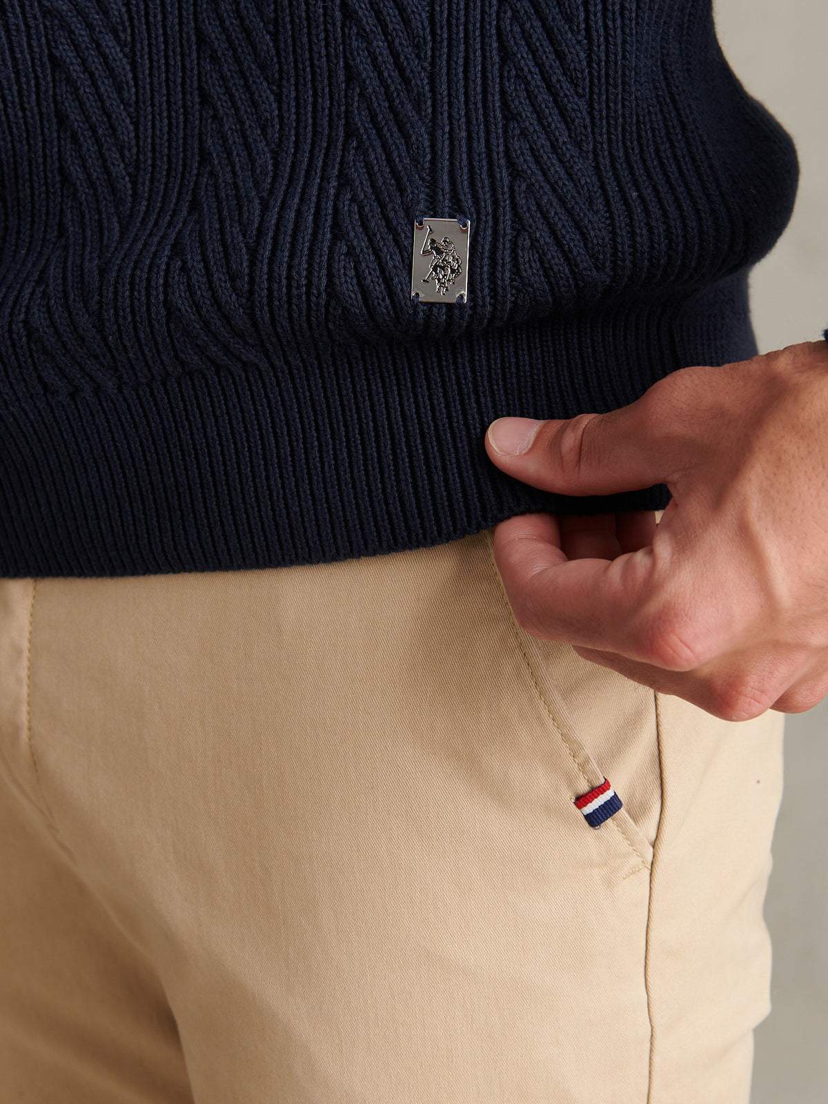 Mens Twill Aran Crew Knit Dark Sapphire Navy