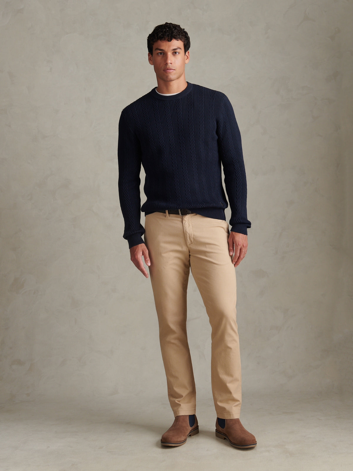 Mens Twill Aran Crew Knit Dark Sapphire Navy