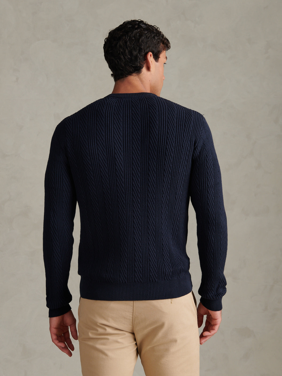 Mens Twill Aran Crew Knit Dark Sapphire Navy