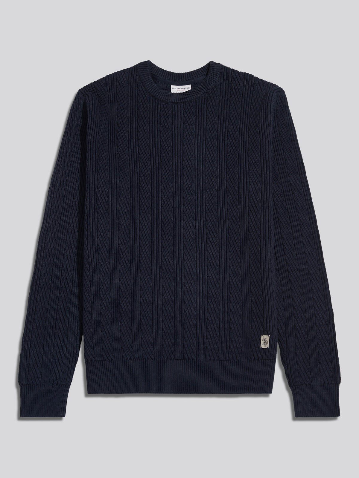 Mens Twill Aran Crew Knit Dark Sapphire Navy