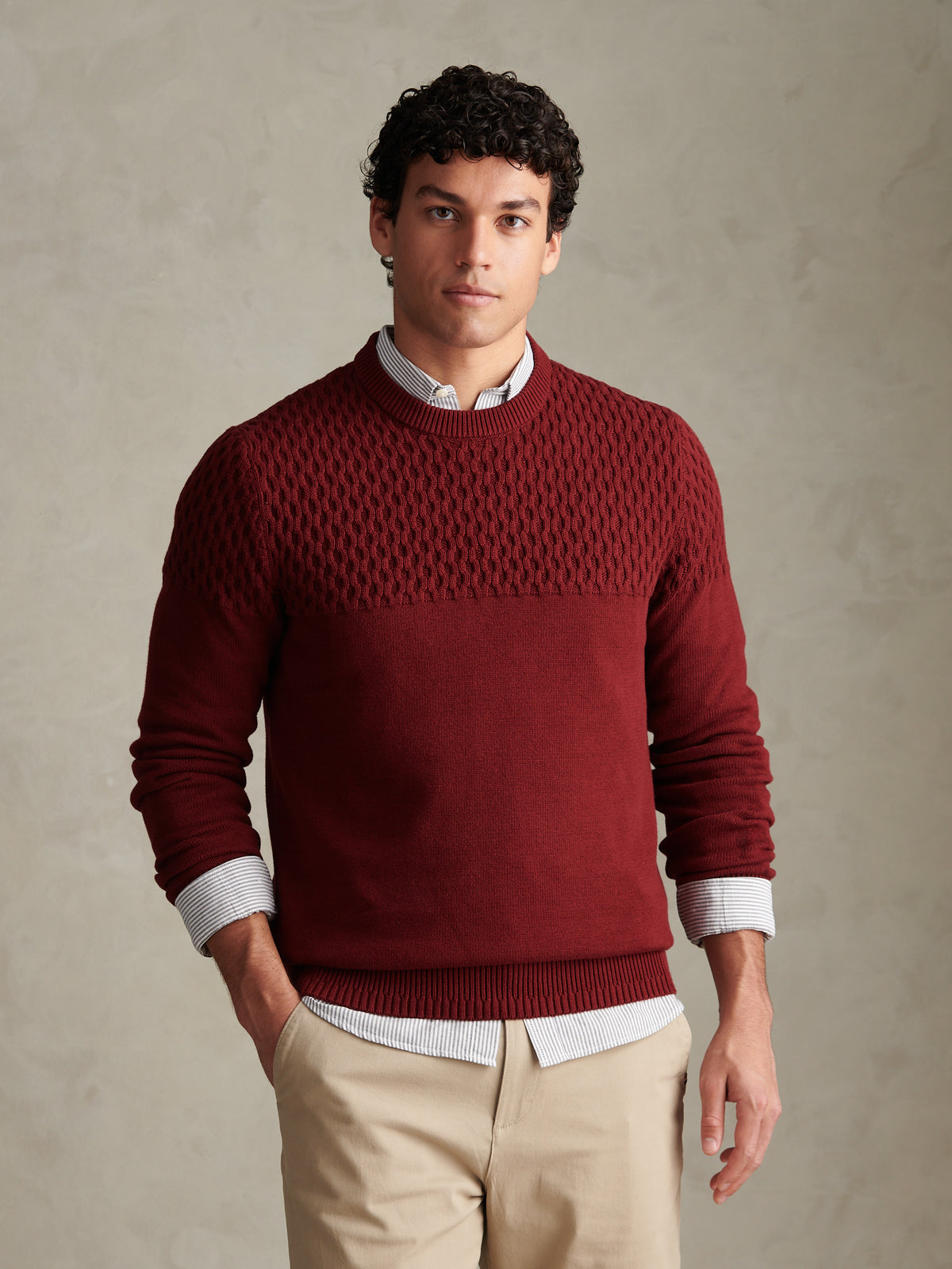 Mens Honeycomb Mixed Knit Crew Neck Jumper Cabernet