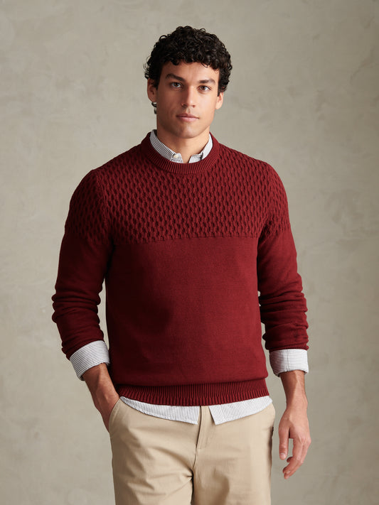 Mens Honeycomb Mixed Knit Crew Neck Jumper Cabernet