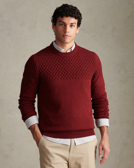Mens Honeycomb Mixed Knit Crew Neck Jumper Cabernet