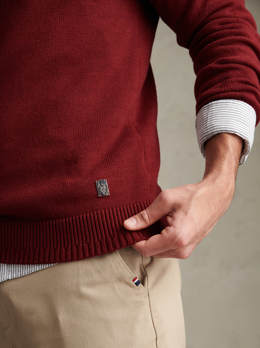 Mens Honeycomb Mixed Knit Crew Neck Jumper Cabernet