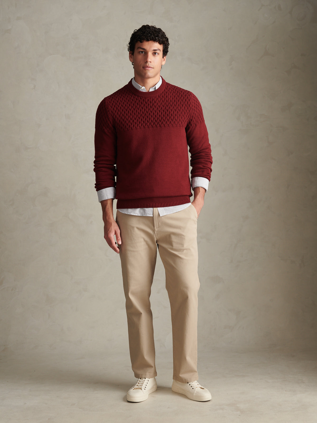 Mens Honeycomb Mixed Knit Crew Neck Jumper Cabernet