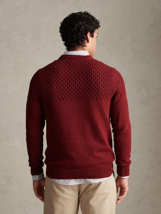 Mens Honeycomb Mixed Knit Crew Neck Jumper Cabernet