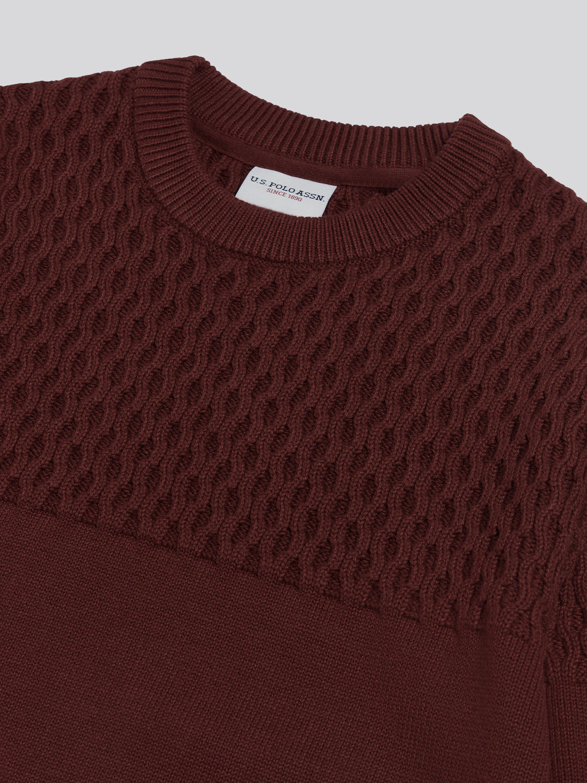Mens Honeycomb Mixed Knit Crew Neck Jumper Cabernet