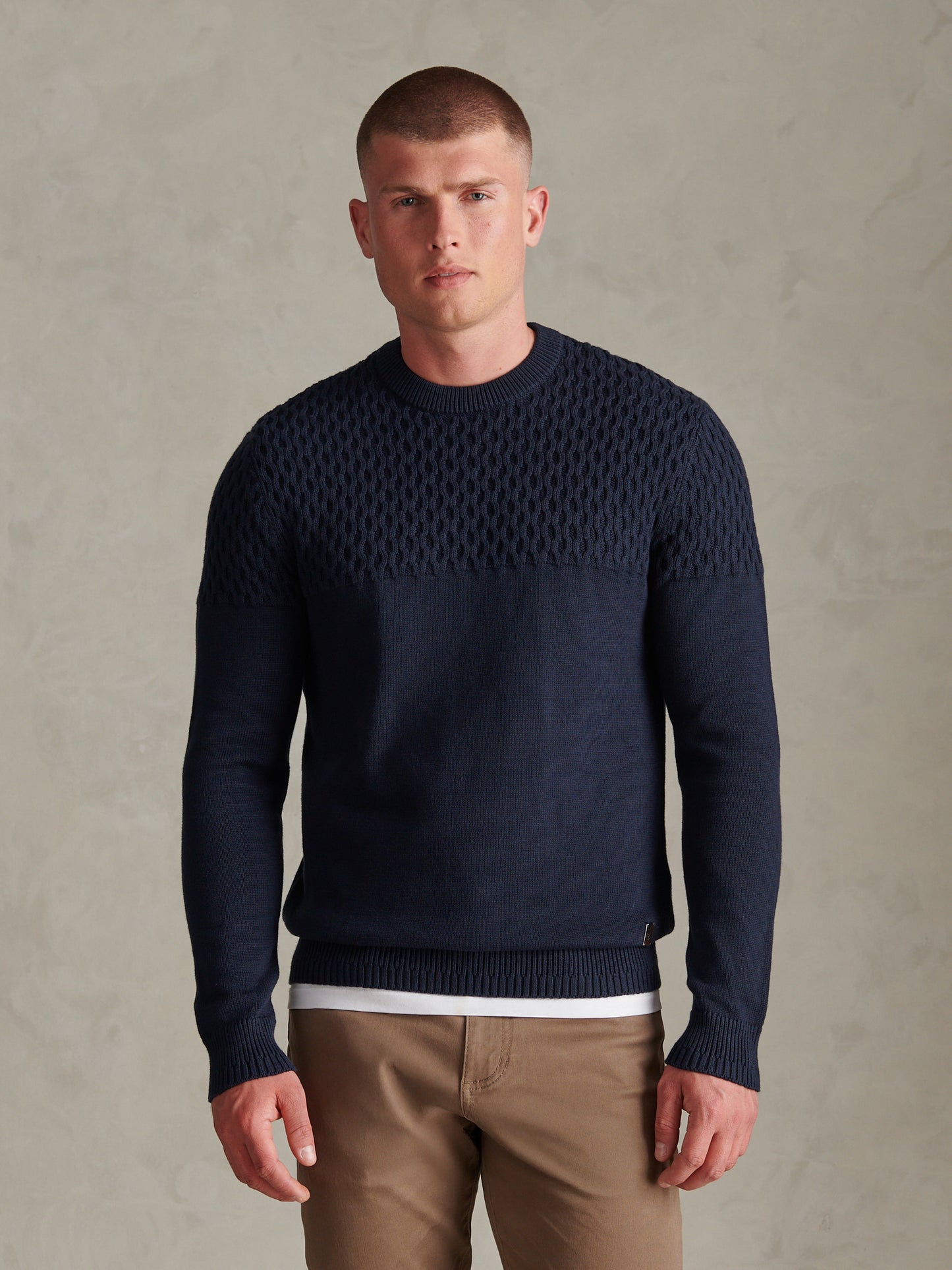 Mens Honeycomb Mixed Knit Crew Neck Jumper Dark Sapphire Navy
