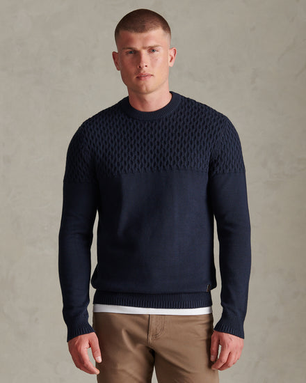Mens Honeycomb Mixed Knit Crew Neck Jumper Dark Sapphire Navy