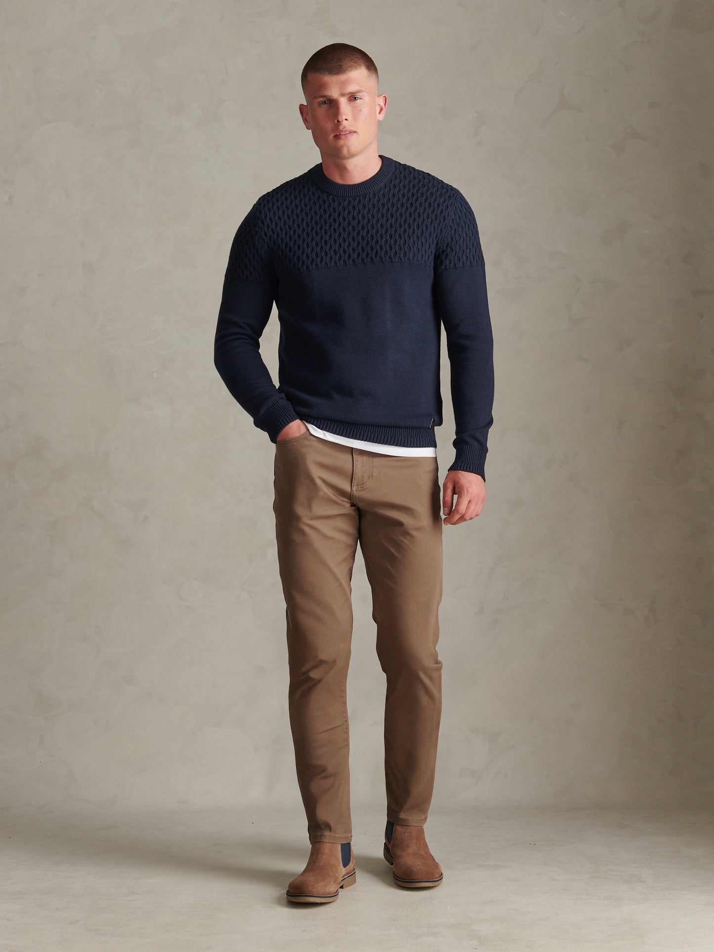 Mens Honeycomb Mixed Knit Crew Neck Jumper Dark Sapphire Navy