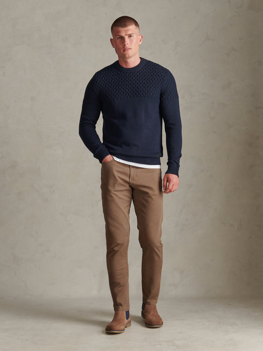 Mens Honeycomb Mixed Knit Crew Neck Jumper Dark Sapphire Navy