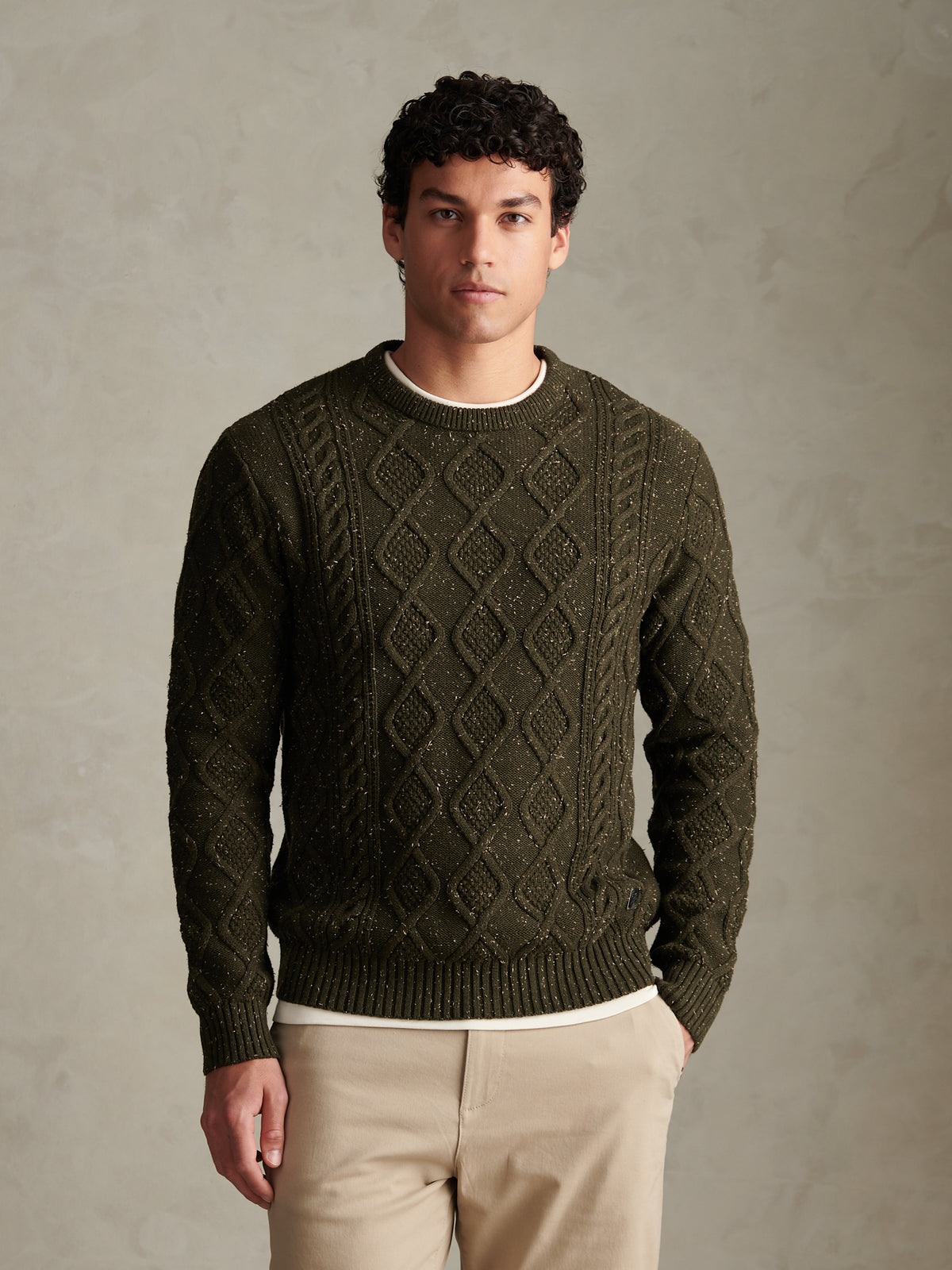 Mens Heritage Aran Nep Knit Crew Neck Jumper Forest Night