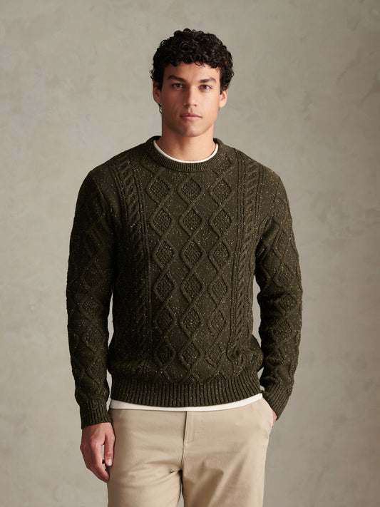 Mens Heritage Aran Nep Knit Crew Neck Jumper Forest Night