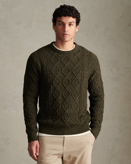 Mens Heritage Aran Nep Knit Crew Neck Jumper Forest Night