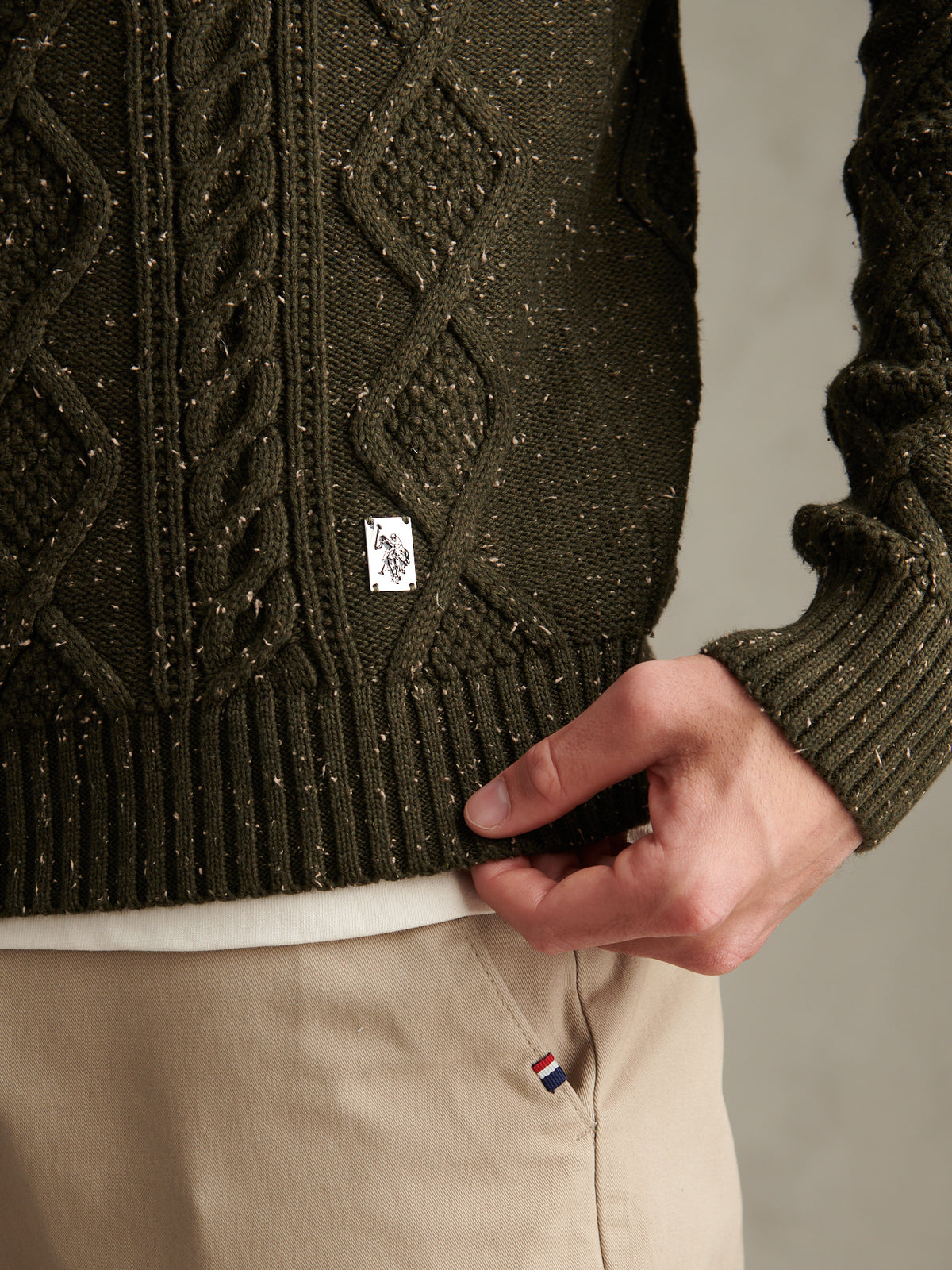 Mens Heritage Aran Nep Knit Crew Neck Jumper Forest Night